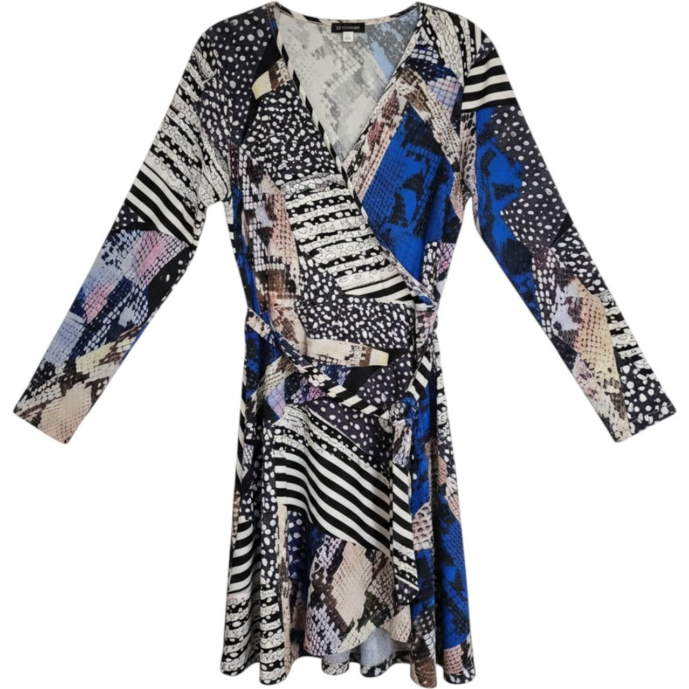 Venus Wrap Dress Womens Large Blue Black Snakeskin Striped Long Sleeve Patchwork